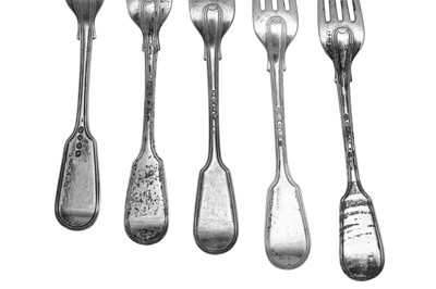 Lot 297 - Five Victorian sterling silver table forks, London 1844 by messrs Savory