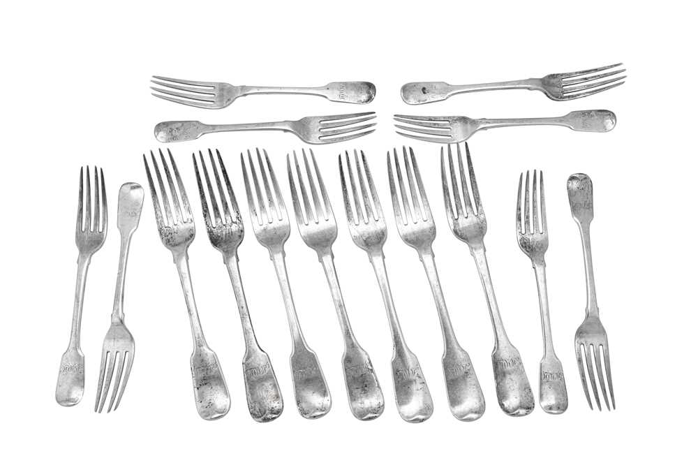 Lot 298 - A set of George IV sterling silver table forks and dessert forks, London 1828 by Adey Bellamy Savory