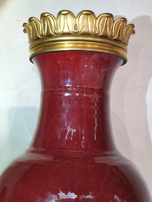 Lot 25 - A LARGE CHINESE ORMOLU-MOUNTED COPPER RED-GLAZED VASE.