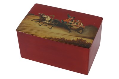 Lot 282 - A RUSSIAN RED LACQUERED BOX OR TEA CADDY, LATE 19TH CENTURY, BY VISHNIAKOV