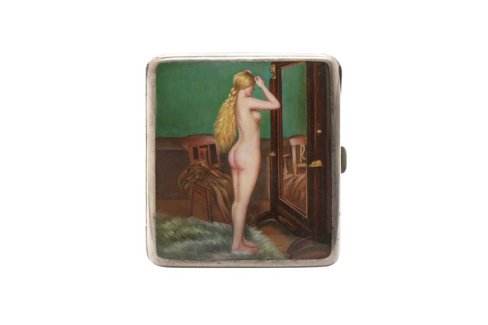 Lot 1040 - AN EARLY 20TH CENTURY ALPACA AND ENAMEL EROTIC CIGARETTE CASE