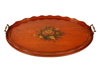 Lot 41 - AN EDWARDIAN SATINWOOD AND PAINTED OVAL TRAY, IN THE SHERATON STYLE