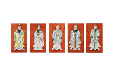 Lot 366 - FIVE CHINESE FAMILLE ROSE 'IMMORTALS' PLAQUES.