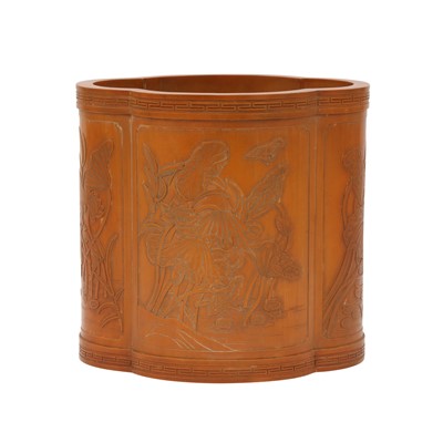 Lot 574 - A Chinese bamboo veneer 'lotus pond' brush pot, Qing dynasty, early 19th century