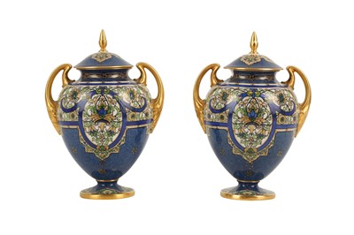 Lot 78 - A PAIR OF ROYAL WORCESTER PORCELAIN URNS AND COVERS,  LATE 19TH CENTURY