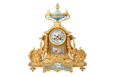Lot 309 - A FRENCH GILT BRONZE AND SEVRES STYLE PORCELAIN MANTEL CLOCK, 19TH CENTURY