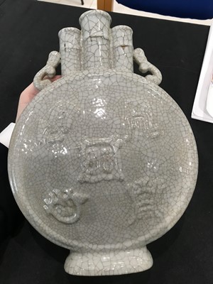 Lot 31 - A CHINESE CRACKLE-GLAZED MOON FLASK.