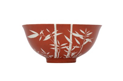 Lot 613 - A CHINESE CORAL-GROUND 'BAMBOO' BOWL.