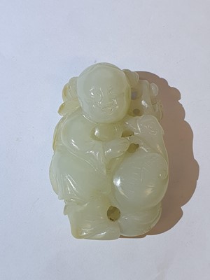 Lot 441 - A CHINESE WHITE JADE 'BOY AND GOOSE' CARVING.