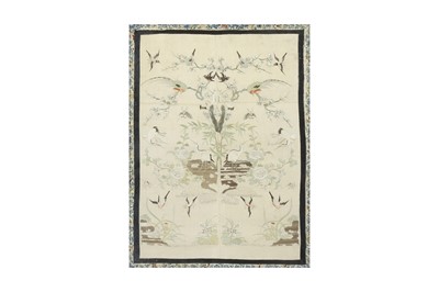 Lot 379 - A PAIR OF CHINESE EMBROIDERED SILK 'HUNDRED BIRDS' PANELS.