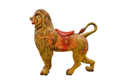 Lot 276 - A large carved wooden model of a lion, probably Indian, late 19th/Early 20th century