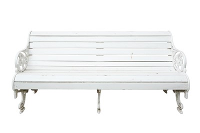 Lot 57 - A COALBROOKDALE STYLE WHITE PAINTED CAST IRON GARDEN BENCH