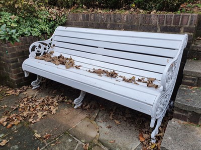 Lot 57 - A COALBROOKDALE STYLE WHITE PAINTED CAST IRON GARDEN BENCH