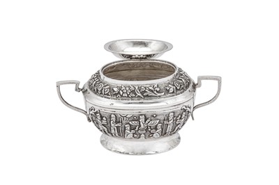 Lot 155 - An early 20th century Iranian (Persian) unmarked silver covered twin handled sugar bowl, Shiraz circa 1930