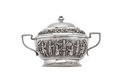 Lot 155 - An early 20th century Iranian (Persian) unmarked silver covered twin handled sugar bowl, Shiraz circa 1930