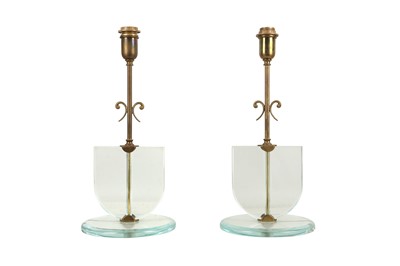 Lot 349 - A PAIR OF GLASS AND BRASS TABLE LAMPS, 20TH CENTURY