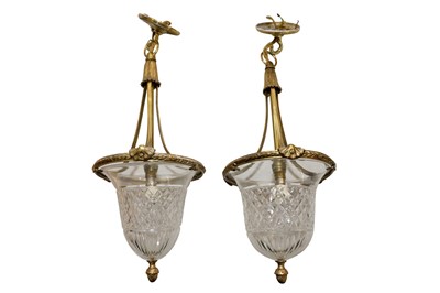 Lot 196 - A PAIR OF GLASS AND BRASS HANGING LIGHTS, 20TH CENTURY