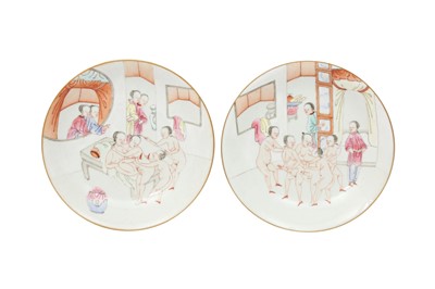Lot 273 - A PAIR OF CHINESE FAMILLE ROSE 'EROTIC' DISHES.