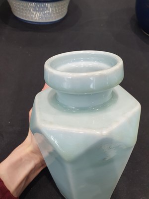 Lot 121 - A CHINESE YELLOW-GLAZED DISH AND A PALE BLUE VASE.