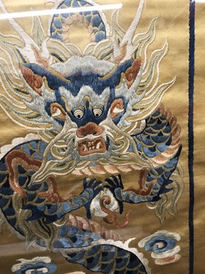 Lot 598 - A CHINESE EMBROIDERED YELLOW-GROUND 'DRAGON' SILK FLAG.