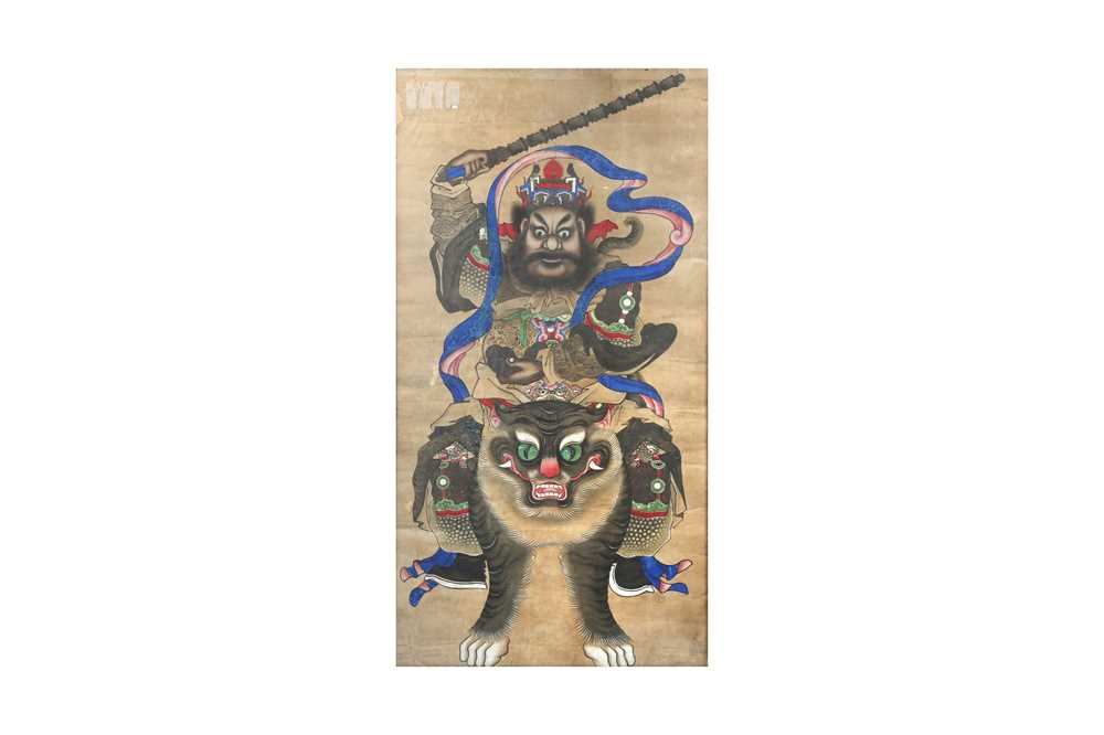 Lot 71 - A CHINESE PAINTING OF ZHAO GONGMING RIDING A TIGER.
