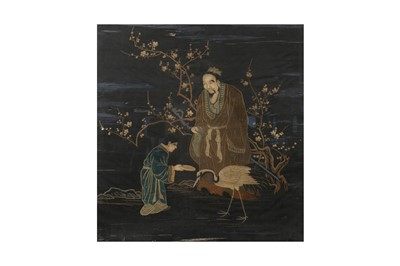 Lot 674 - A JAPANESE EMBROIDERED BLACK-GROUND SILK PANEL.