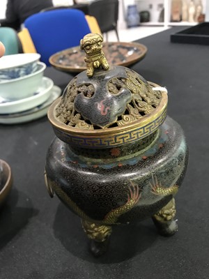 Lot 488 - A CHINESE JIAN TEA BOWL AND A CLOISONNÉ INCENSE BURNER AND COVER.