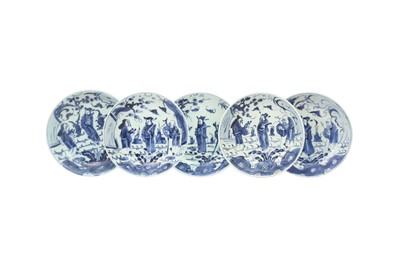 Lot 397 - FIVE CHINESE BLUE AND WHITE 'IMMORTALS' DISHES.