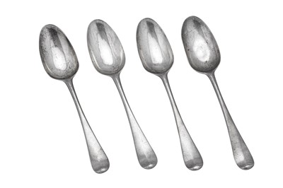 Lot 307 - A set of four George II sterling silver tablespoons, London 1750 by Isaac Callard (reg. 7th Feb 1726, d.c.1770)