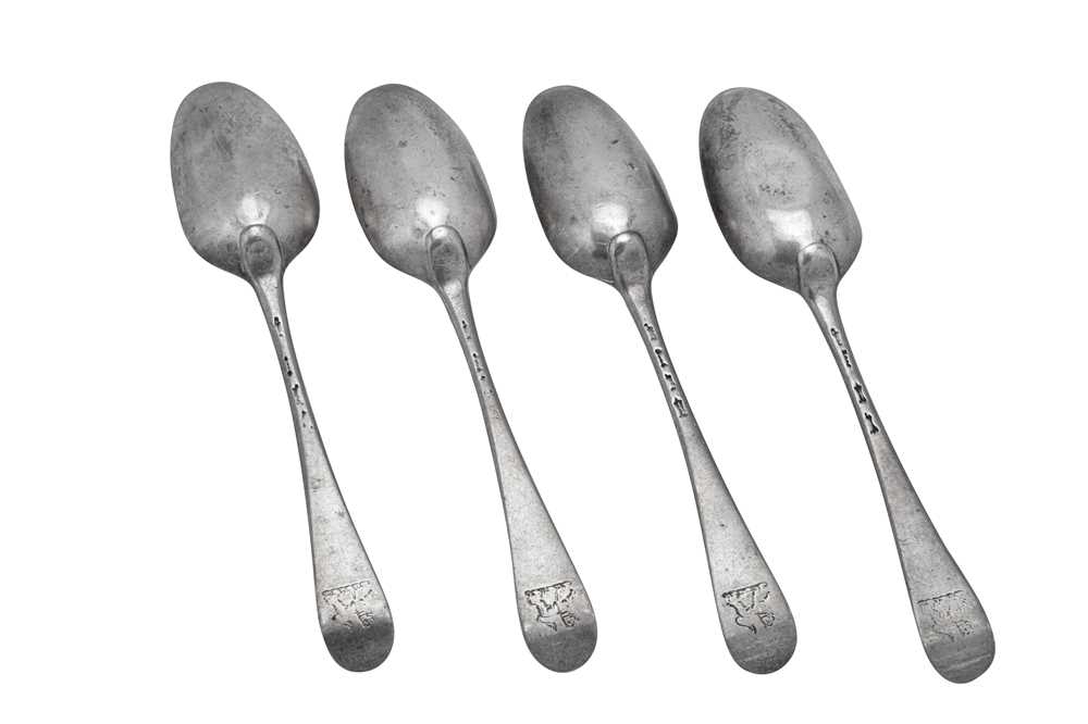 Lot 307 - A set of four George II sterling silver tablespoons, London 1750 by Isaac Callard (reg. 7th Feb 1726, d.c.1770)