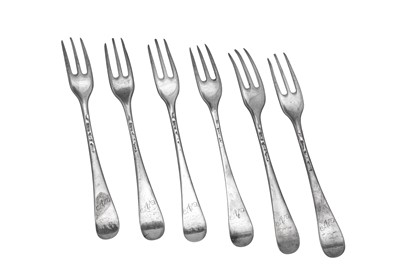 Lot 303 - A set of six George II sterling silver dessert forks, London 1753 by Ebenezer Coker