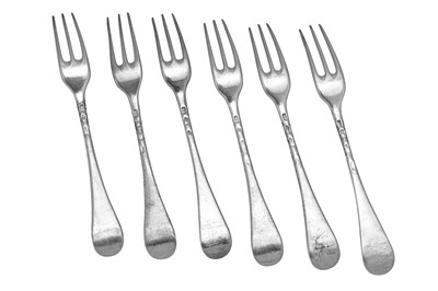 Lot 304 - A set of six George II sterling silver table forks, London 1754 by Ebenezer Coker