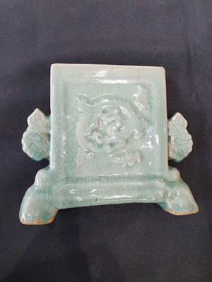 Lot 77 - A CHINESE LONGQUAN CELADON MINIATURE TABLE SCREEN AND A JUG.