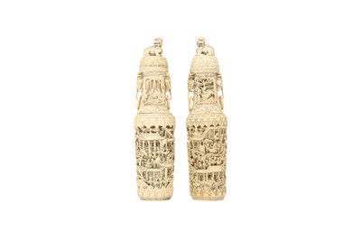 Lot 459 - λ A PAIR OF CHINESE CANTON CARVED IVORY VASES.