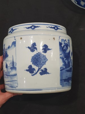 Lot 76 - A CHINESE BLUE AND WHITE 'LANDSCAPE' JARDINIERE.