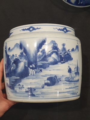 Lot 76 - A CHINESE BLUE AND WHITE 'LANDSCAPE' JARDINIERE.
