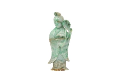 Lot 258 - A CHINESE APPLE-GREEN JADEITE FIGURE OF GUANYIN.