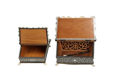 Lot 247 - λ TWO ANGLO-INDIAN HORN AND IVORY-INLAID SANDALWOOD BOXES
