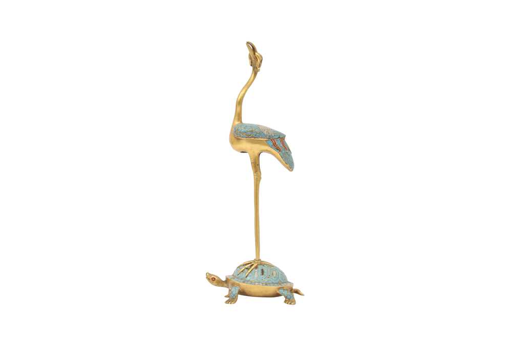 Lot 95 - A CHINESE CLOISONNÉ ENAMEL MODEL OF A CRANE AND TORTOISE.