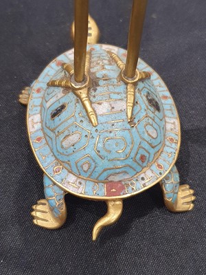 Lot 95 - A CHINESE CLOISONNÉ ENAMEL MODEL OF A CRANE AND TORTOISE.