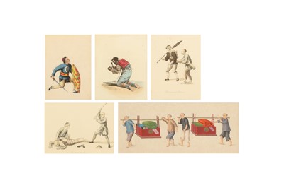Lot 680 - TWO CHINESE PITH PAPER PAINTINGS AND THREE PRINTS.
