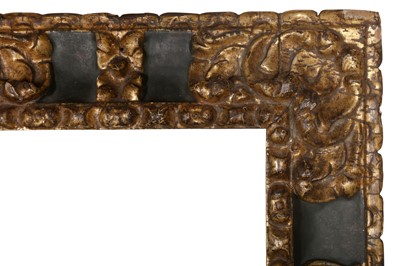 Lot 240 - A SPANISH 17TH CENTURY REVERSE PROFILE FRAME WITH CARVED AND GILDED CORNERS AND PAINTED SCOTIA CARTOUCHE