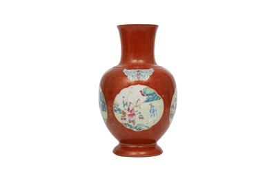Lot 323 - A CHINESE GILT-DECORATED SALMON-RED VASE.