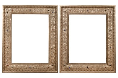 Lot 71 - A PAIR OF PORTUGUESE 19TH CENTURY STYLE CARVED CASSETTA, GILDED IN MOON GOLD FRAMES WITH FAUX STONE DECORATION