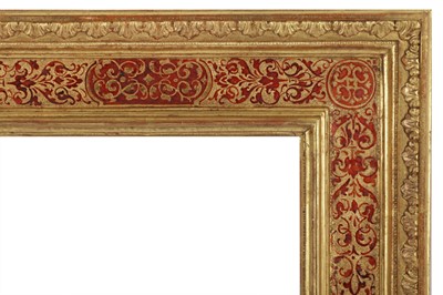 Lot 232 - AN ITALIAN 17TH CENTURY STYLE CARVED, PAINTED AND GILDED CASSETTA FRAME