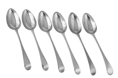 Lot 308 - A set of six George III provincial sterling silver tablespoons, Exeter 1784-85 by Thomas Eustace (active 1773-94)