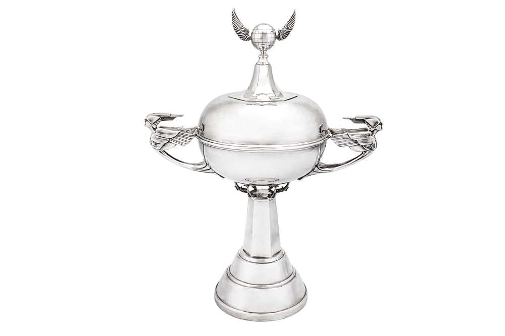 Lot 363 - A large George VI Art Deco sterling silver trophy, Birmingham 1947 by G Bryan and Co