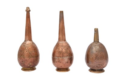 Lot 558 - THREE TOMBAC (GILT COPPER) ROSEWATER SPRINKLERS