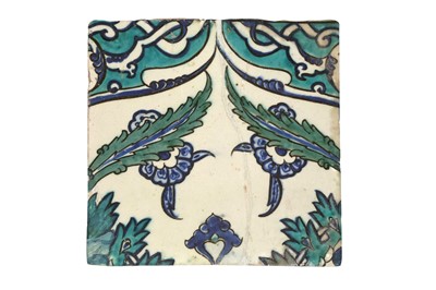 Lot 327 - FIVE DAMASCUS POTTERY TILES WITH LOTUS, ARABESQUE AND SAZ LEAF