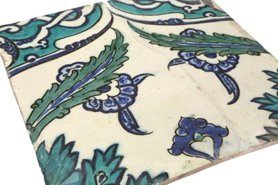 Lot 327 - FIVE DAMASCUS POTTERY TILES WITH LOTUS, ARABESQUE AND SAZ LEAF